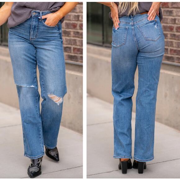 JUDY BLUE Austin Tummy Control High Rise Straight Jeans Med Blue Sz 18W {3D40} - Picture 2 of 2